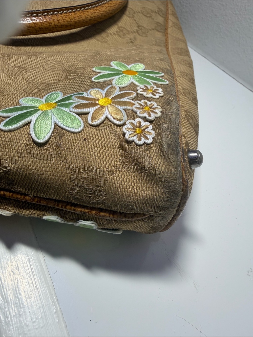 Gucci Beige Brown GG Canvas with aftermarket Floral Appliqué Shoulder Bag w COA - Picture 11 of 16